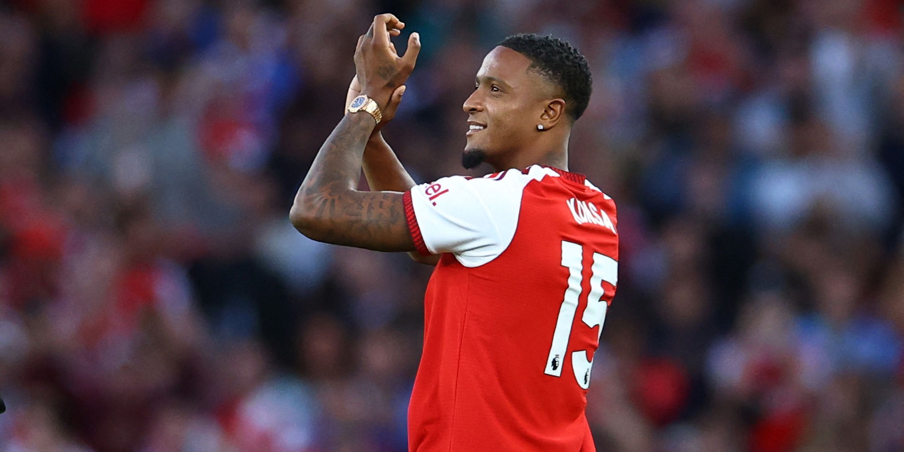 New signing Arsenal's Ezri Konsa is presented to the crowd inside the stadium before the match