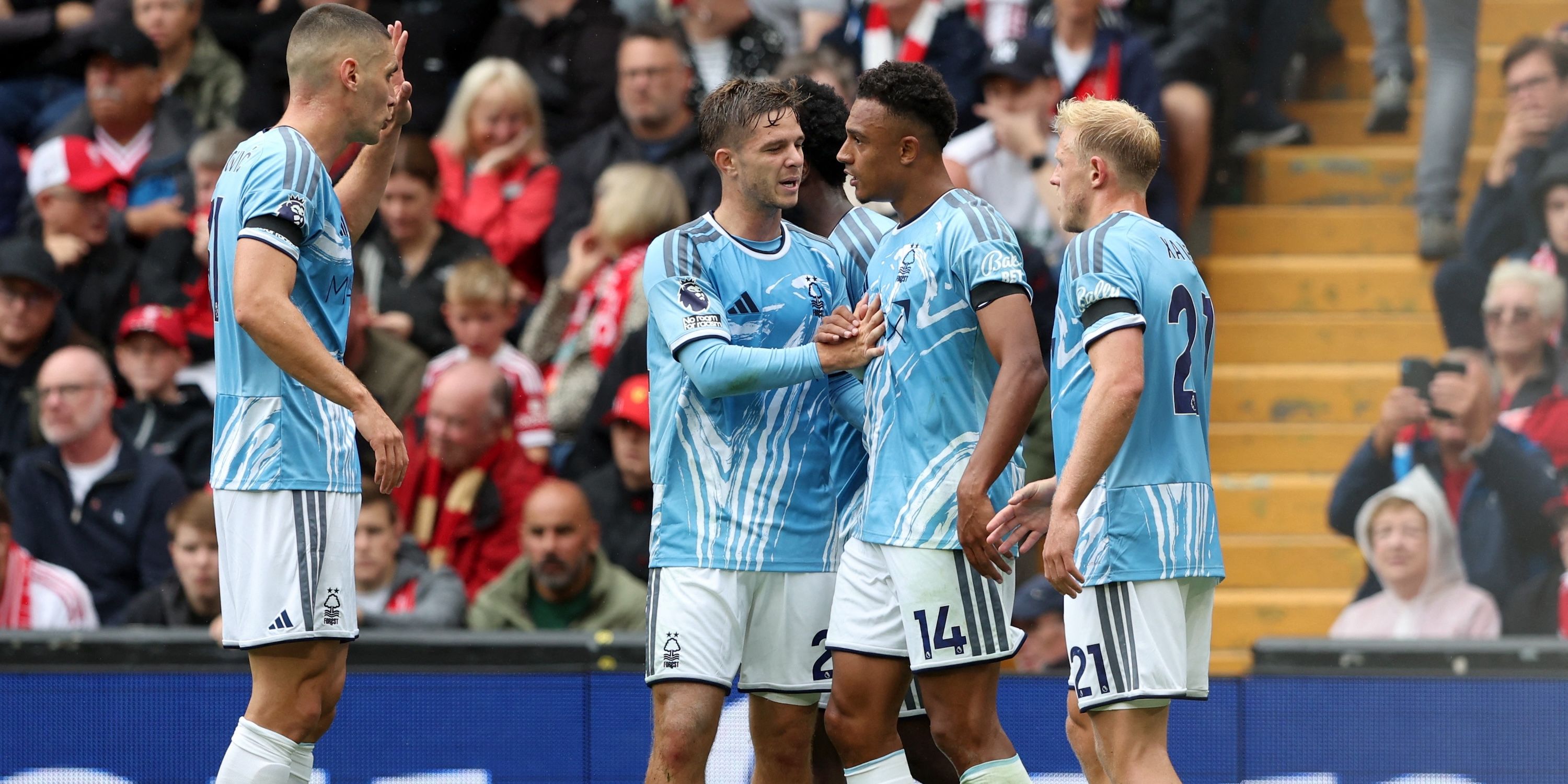 Nottingham Forest's Dan Ndoye celebrates scoring their first goal with teammates 