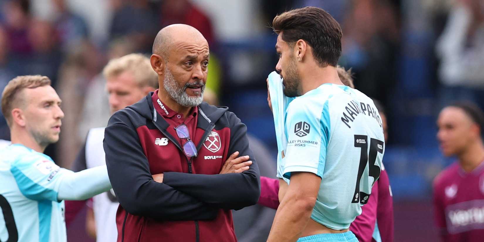 West Ham United manager Nuno Espirito Santo with Konstantinos Mavropanos