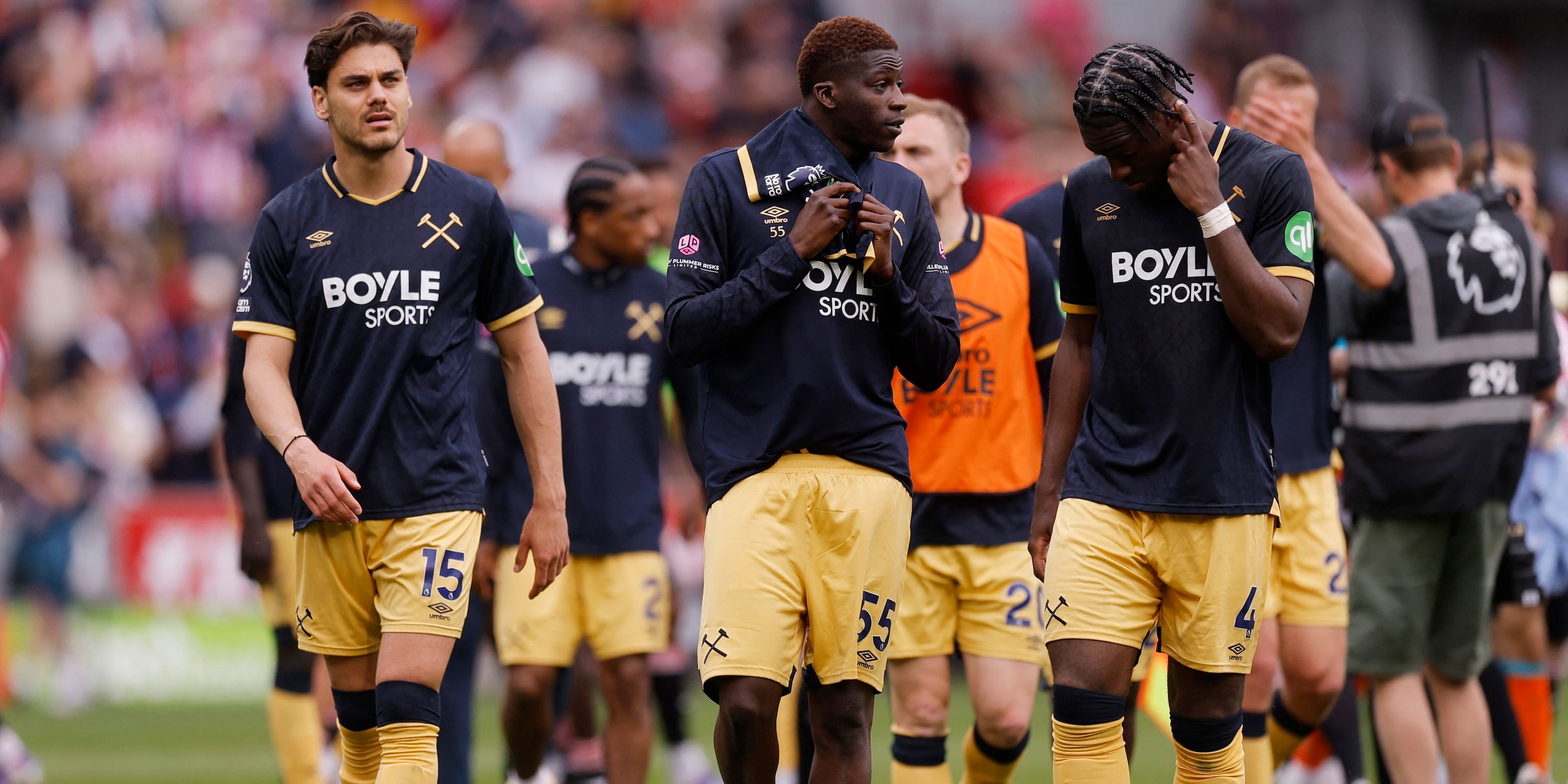 West Ham United's Konstantinos Mavropanos and Axel Disasi look dejected after the match