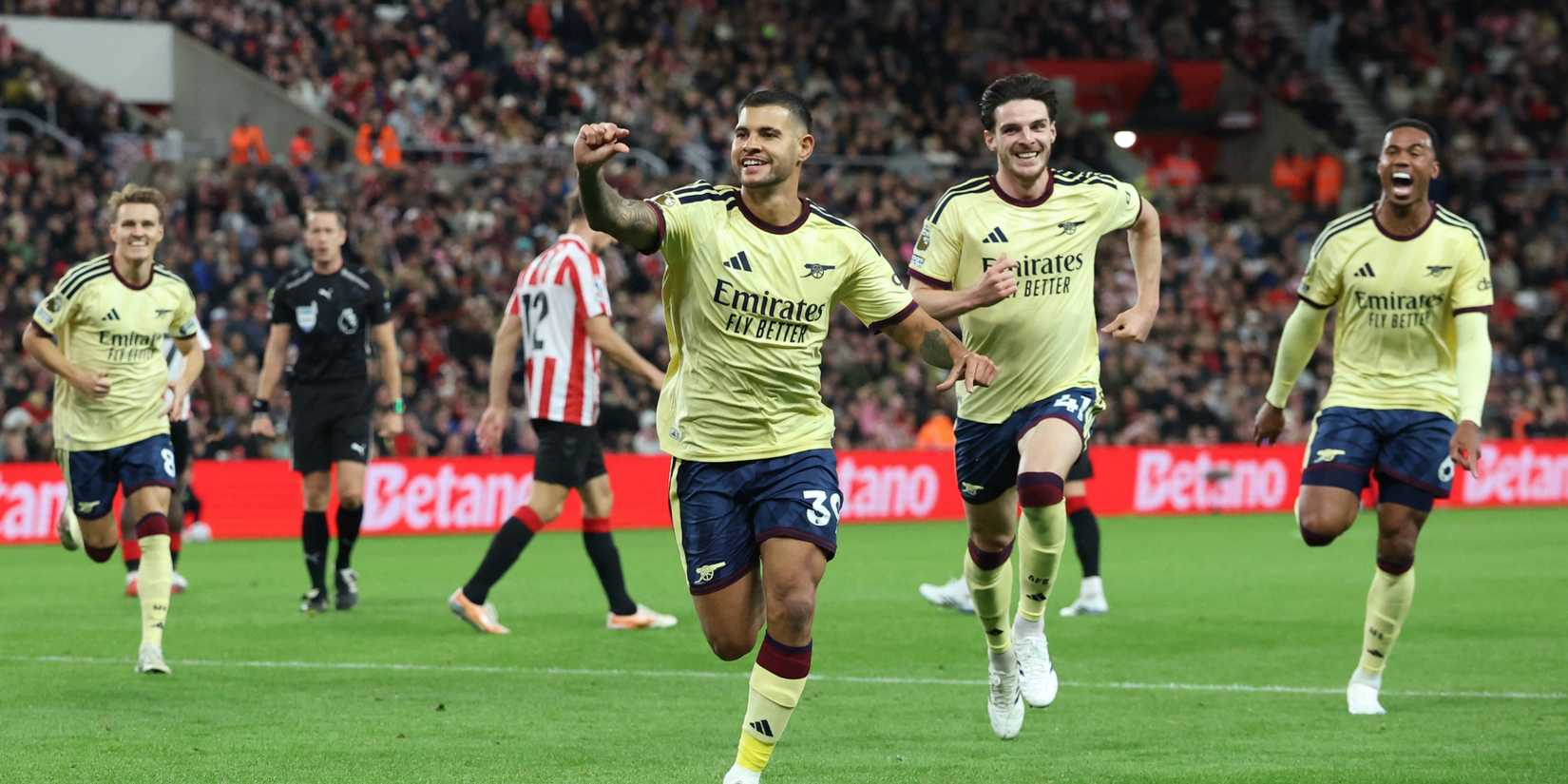 Bruno Guimaraes celebrates scoring his first goal for Arsenal