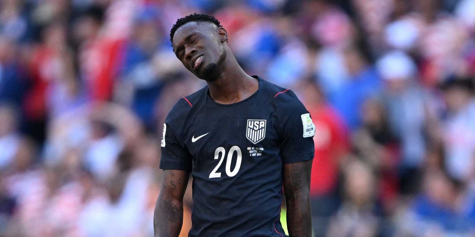 Folarin Balogun of the U.S. looks dejected after Belgium's Hans Vanaken scores their third goal