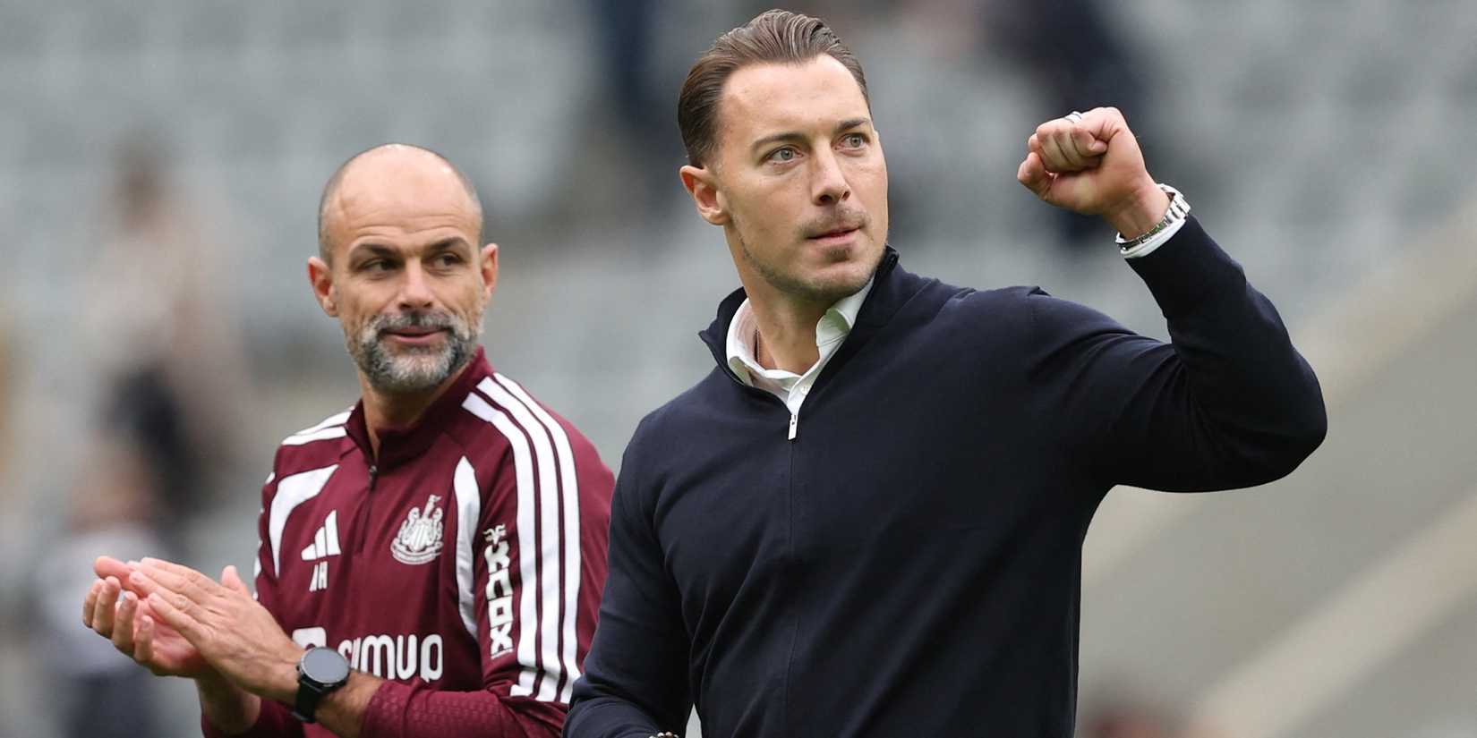 Newcastle United manager Matthias Jaissle celebrates after the match 