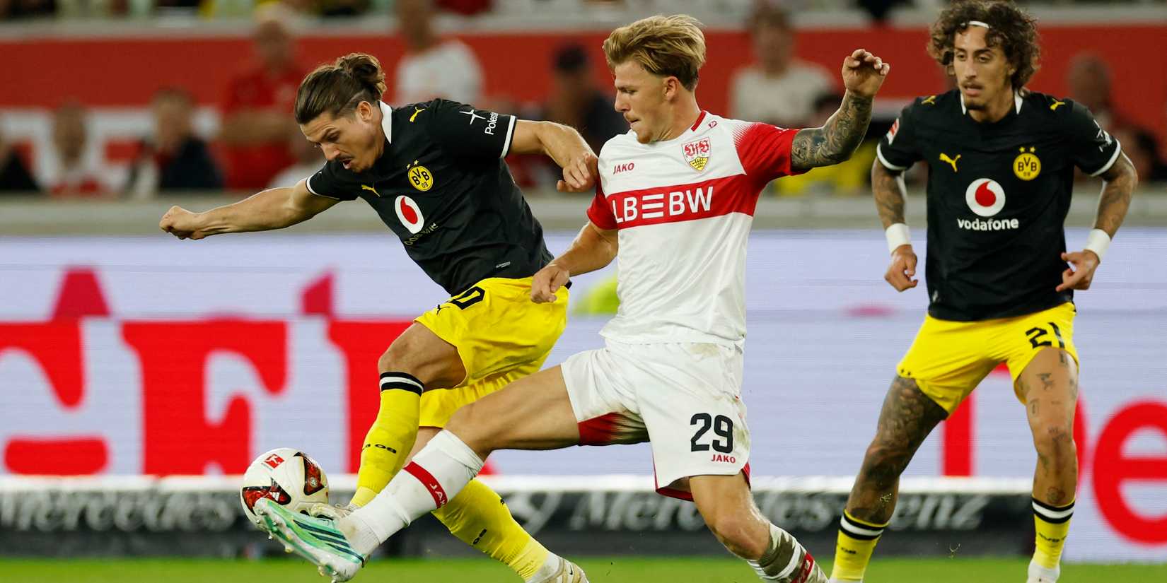 Borussia Dortmund's Marcel Sabitzer in action with VfB Stuttgart's Finn Jeltsch
