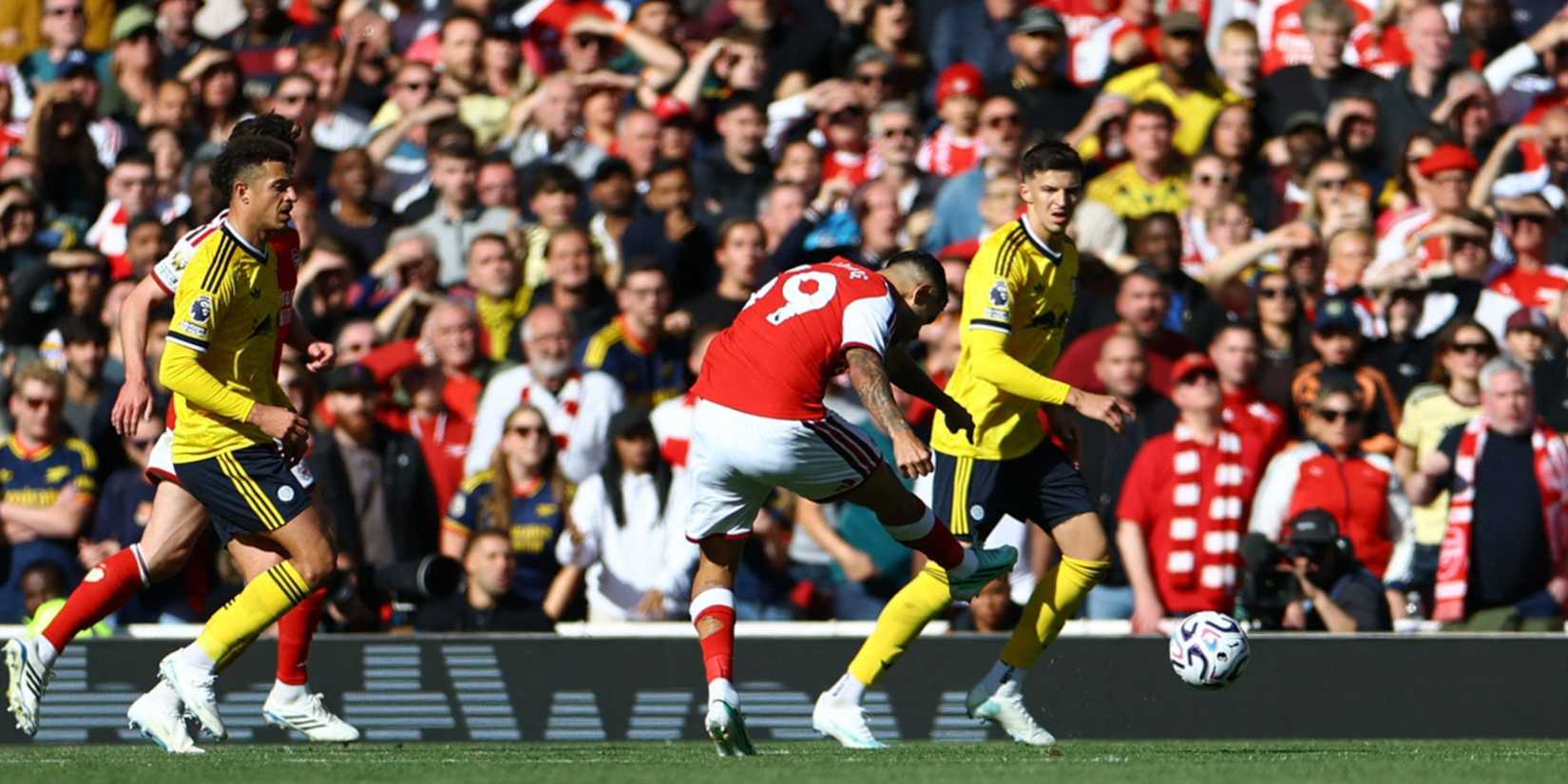 Bruno Guimaraes scores for Arsenal vs Leeds