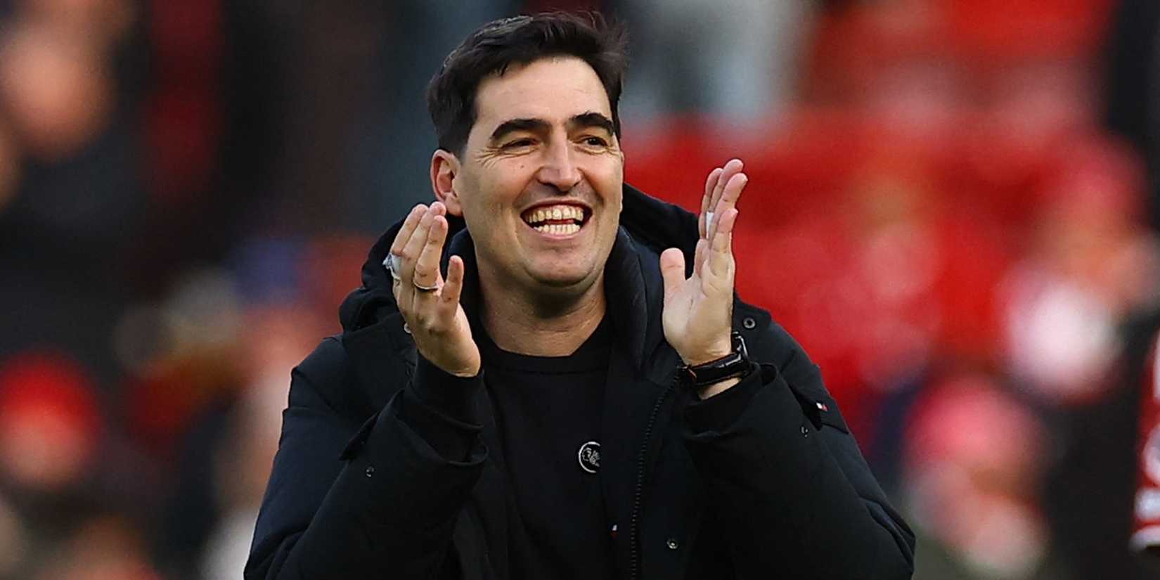 Liverpool manager Andoni Iraola celebrates after the match