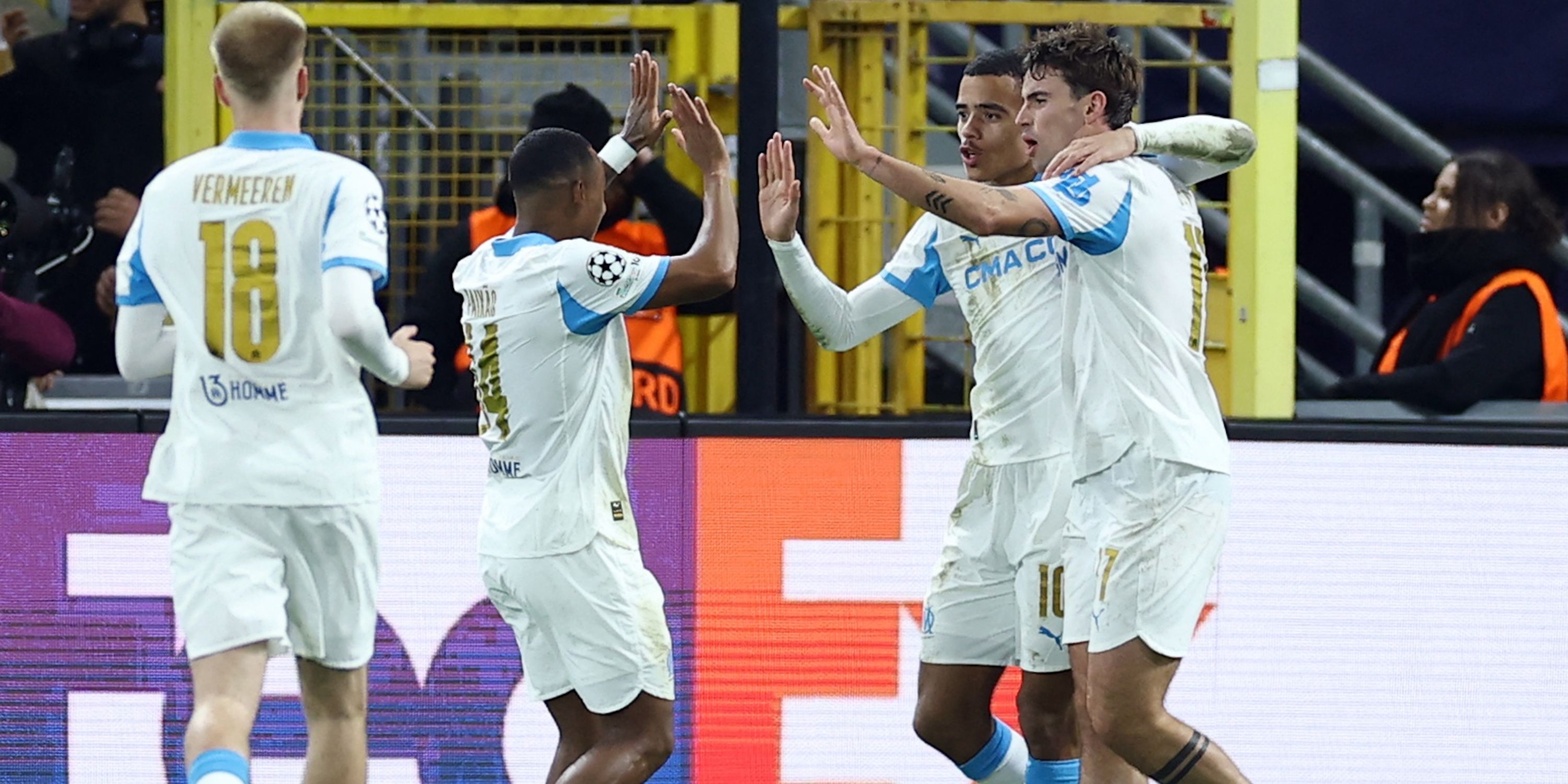 Olympique de Marseille's Mason Greenwood celebrates scoring their third goal with Igor Paixao, Matt O'Riley and Arthur Vermeeren
